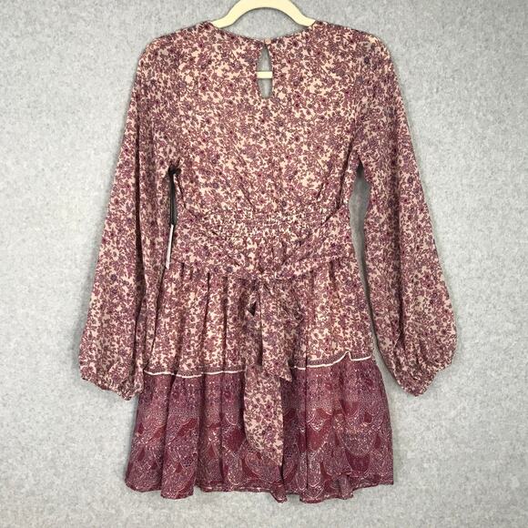 Japna Dress Small Pink Cream Paisley Wrap Flowy Puff Tie Belt Cottage Boho - Picture 10 of 15